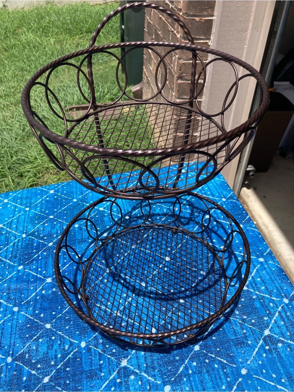 Two-Tier Metal Basket Stand - Brown